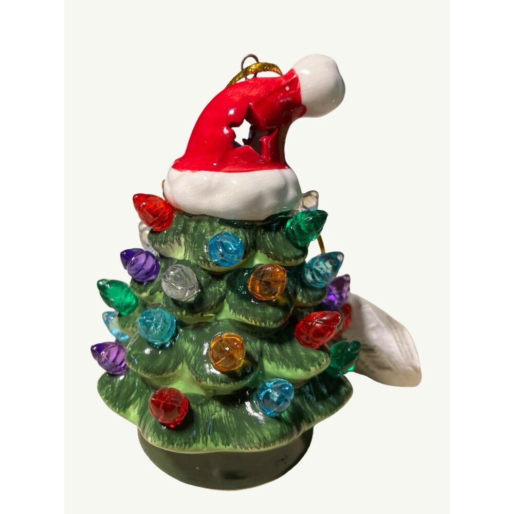 Mini Christmas Tree Ornament W/ Santa Hat  Multicolor Bulbs 4." Tall Lights Up